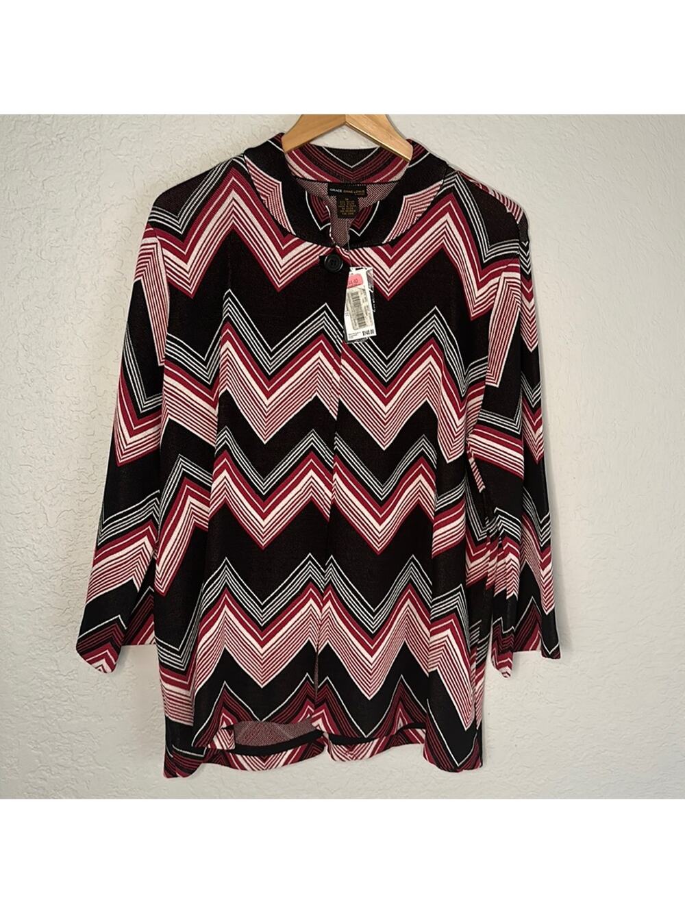 NEW Grace Dane Lewis Black Red Chevron Cardigan Jacket Plus 1X Retro 70s Zig Zag